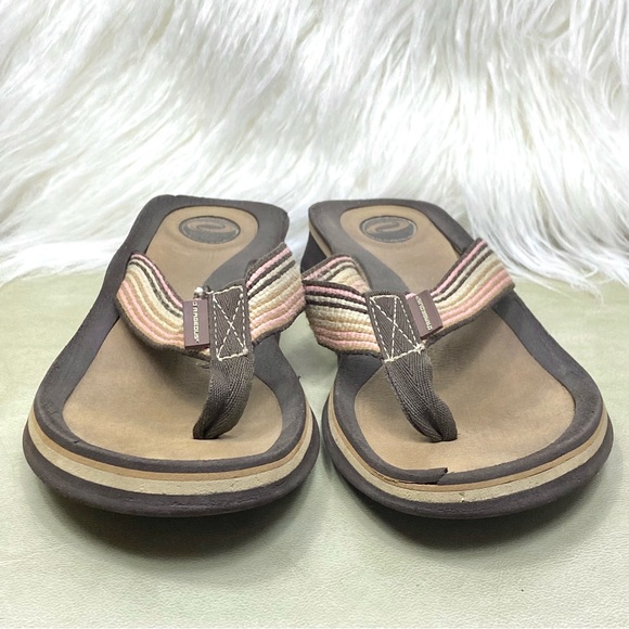 O’Rageous Thong Sandal Low Wedge Style Flip Flops Earthy Neutrals Canvas Stripe - Picture 7 of 15